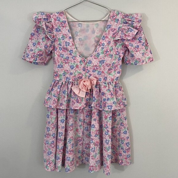 Vintage 80s/90s Floral Party Dress Girls L Pink Ruffle Easter Wedding Girly EUC - Picture 6 of 13